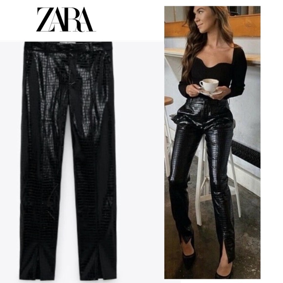 Zara Women Black Croc embossed Animal Faux Leather Pleather Vegan Pants M NWOT - Picture 17 of 17